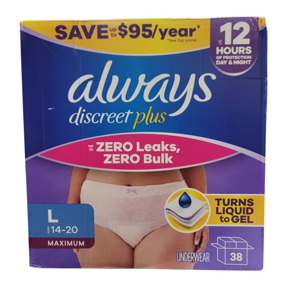 Always Discreet Plus Underwear for Women, Maximum Protection, 38 count, Large